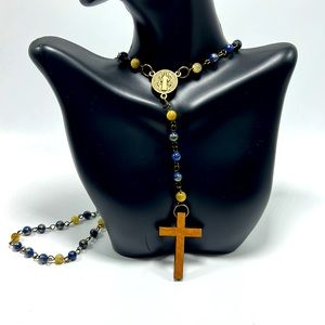 Handmade Rosary Necklace with Blue Jade & Tigers Eye Gemstones!